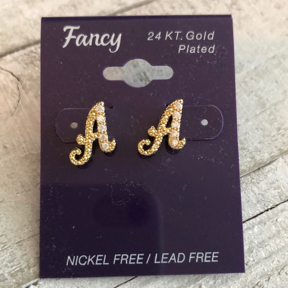 Letter A script 24 kt gold plated earrings